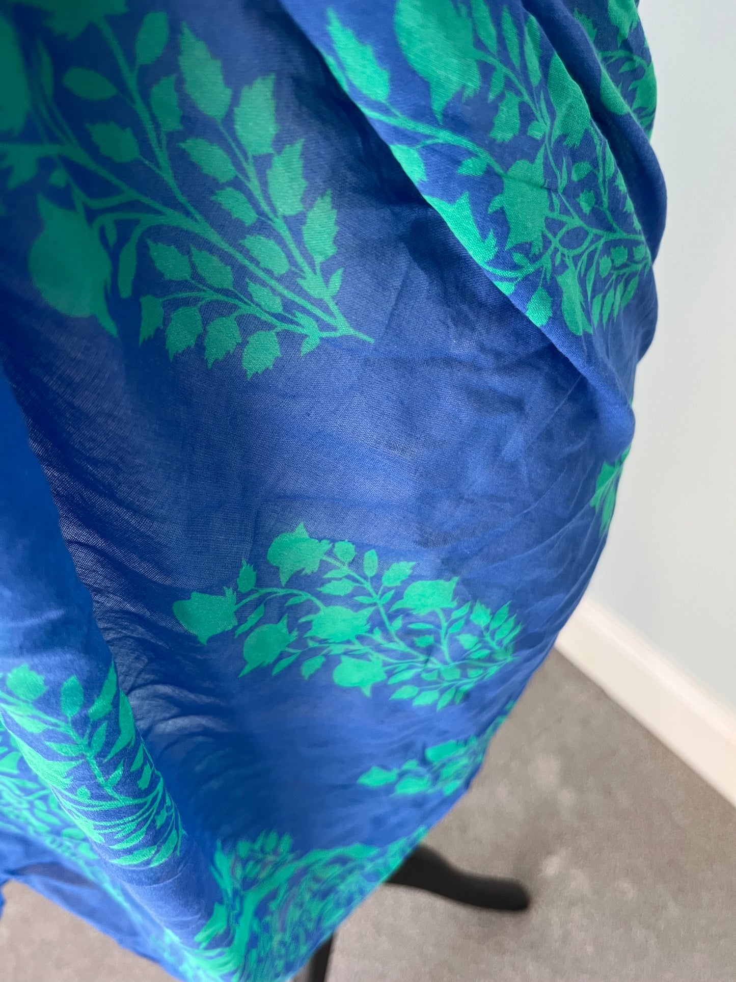 Lightweight cotton scarf/ sarong- blue with delicate green floral pattern
