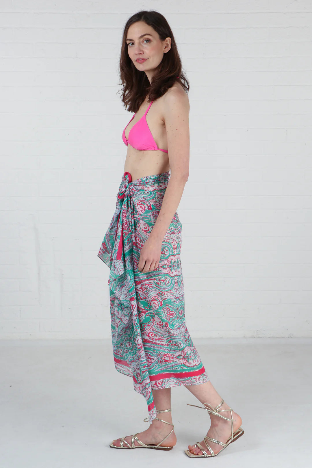 Lightweight cotton scarf/sarong Ornate Paisley pattern- green, pink and white
