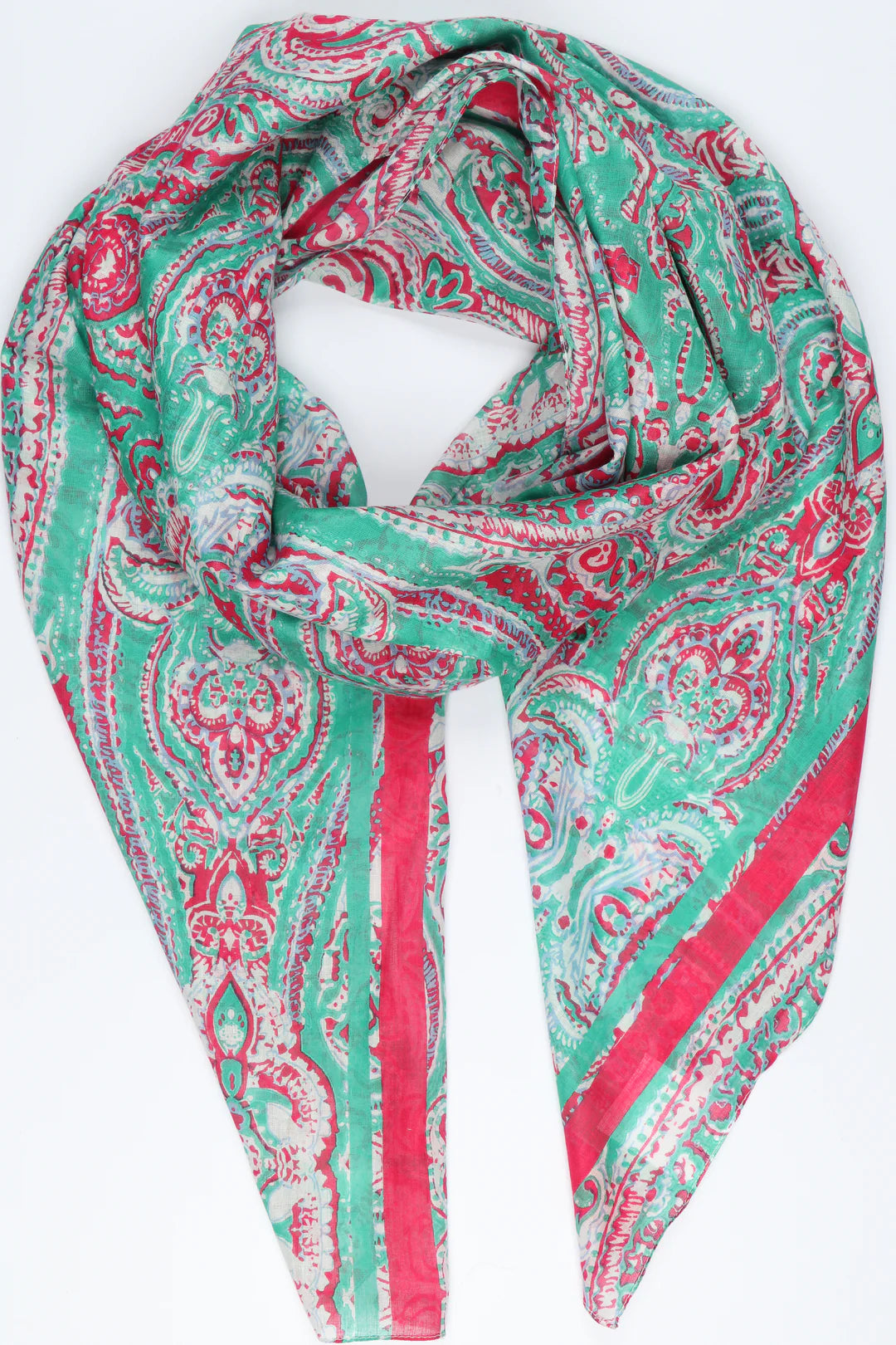 Lightweight cotton scarf/sarong Ornate Paisley pattern- green, pink and white
