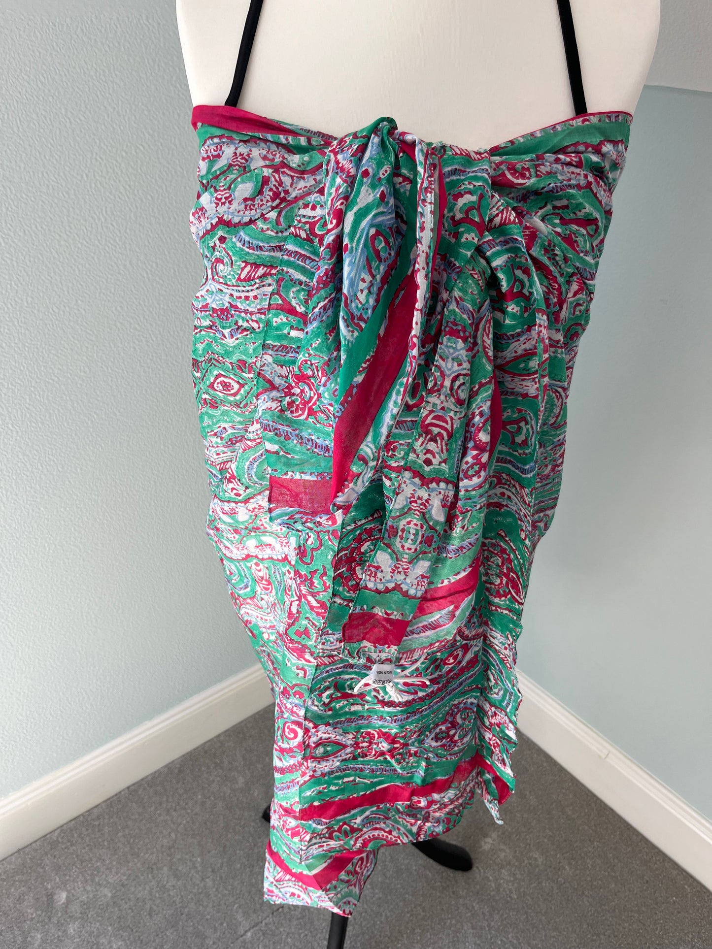 Lightweight cotton scarf/sarong Ornate Paisley pattern- green, pink and white