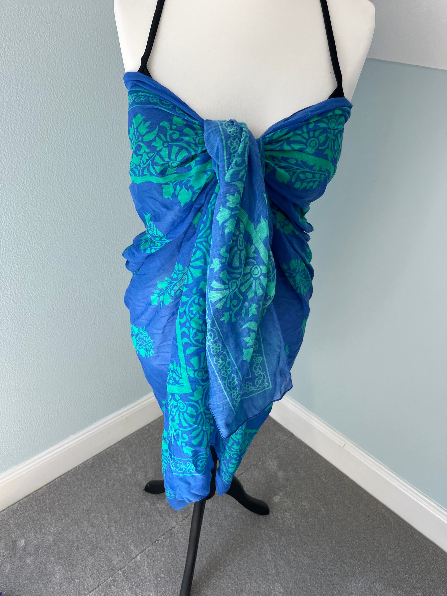 Lightweight cotton scarf/ sarong- blue with delicate green floral pattern
