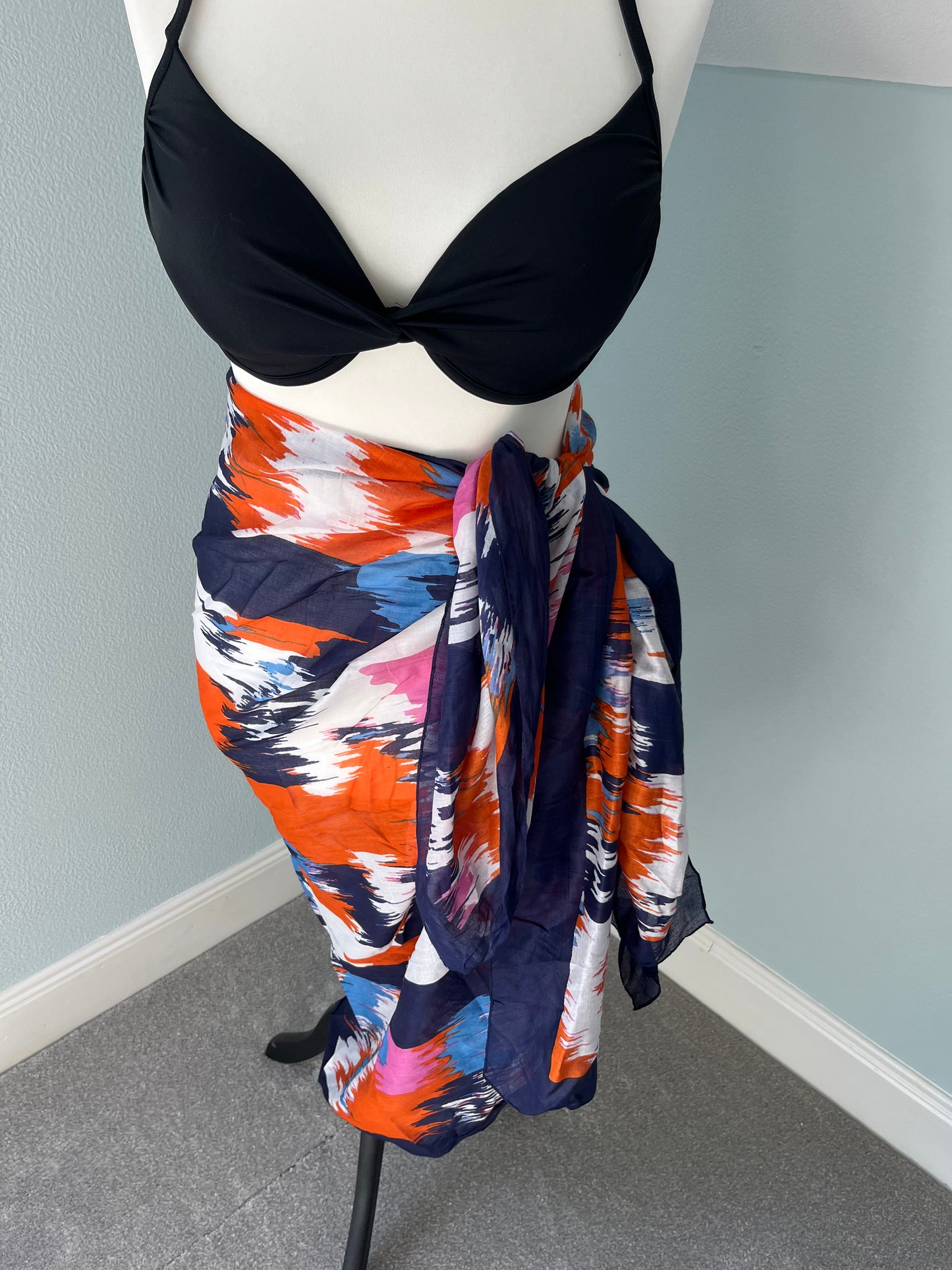 Lightweight cotton scarf/sarong- abstract pattern in navy, blue, white, orange and pink