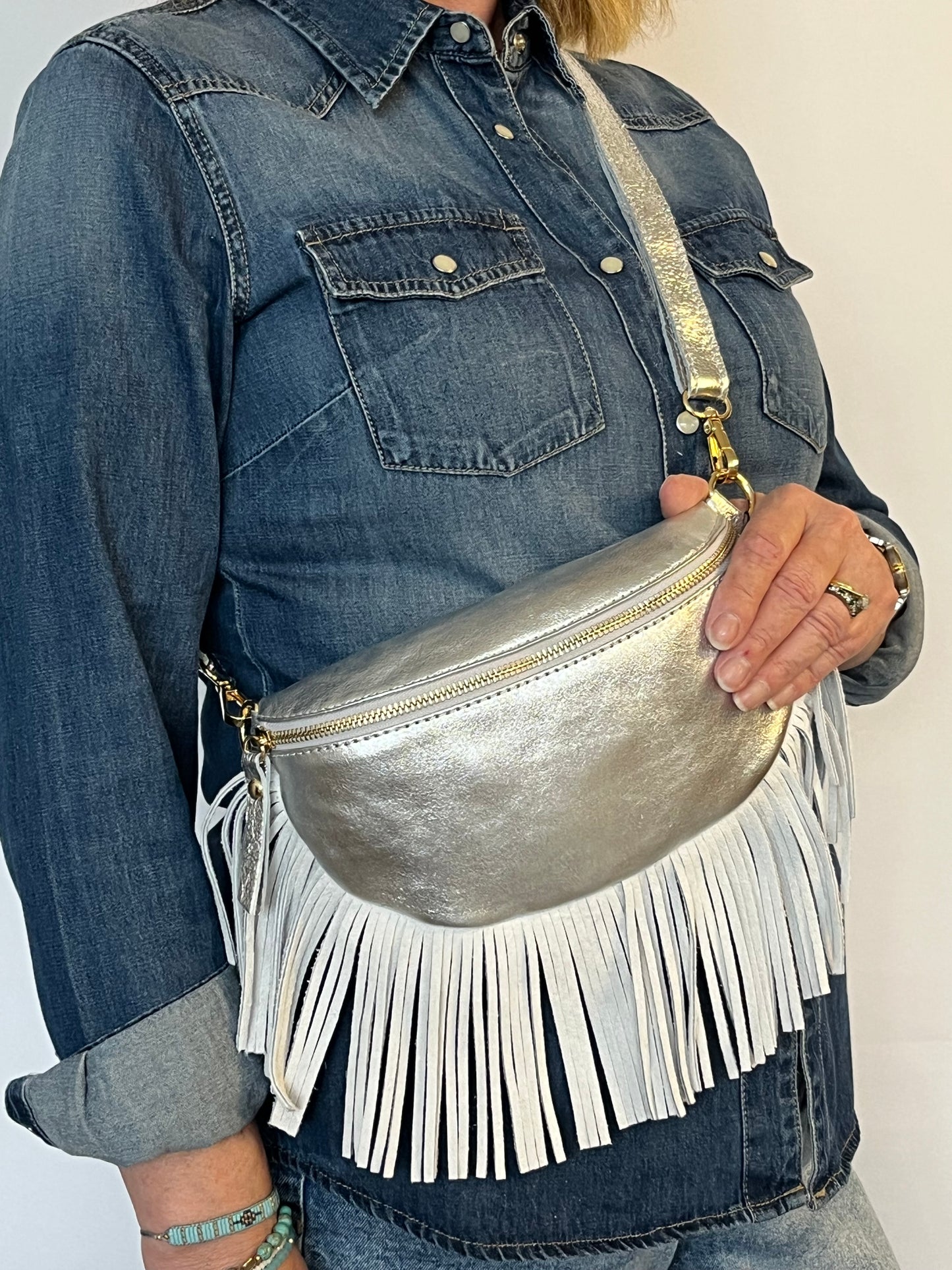 fringed bum bag metallic silver