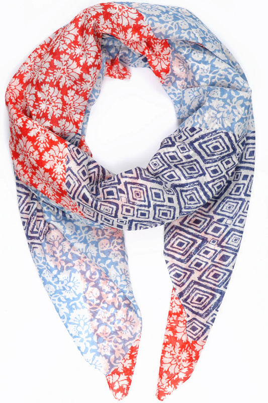 100% Cotton Mixed Floral & Diamond Print Cotton Scarf