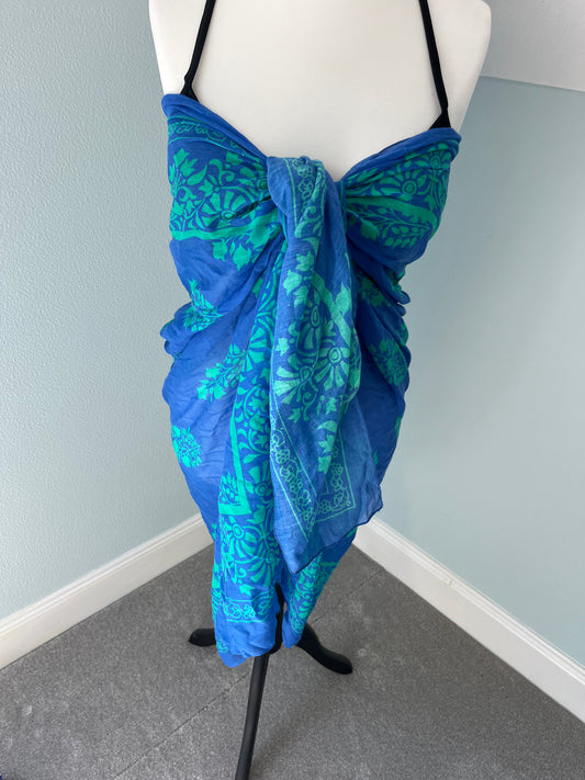 Lightweight cotton scarf/ sarong- blue with delicate green floral pattern