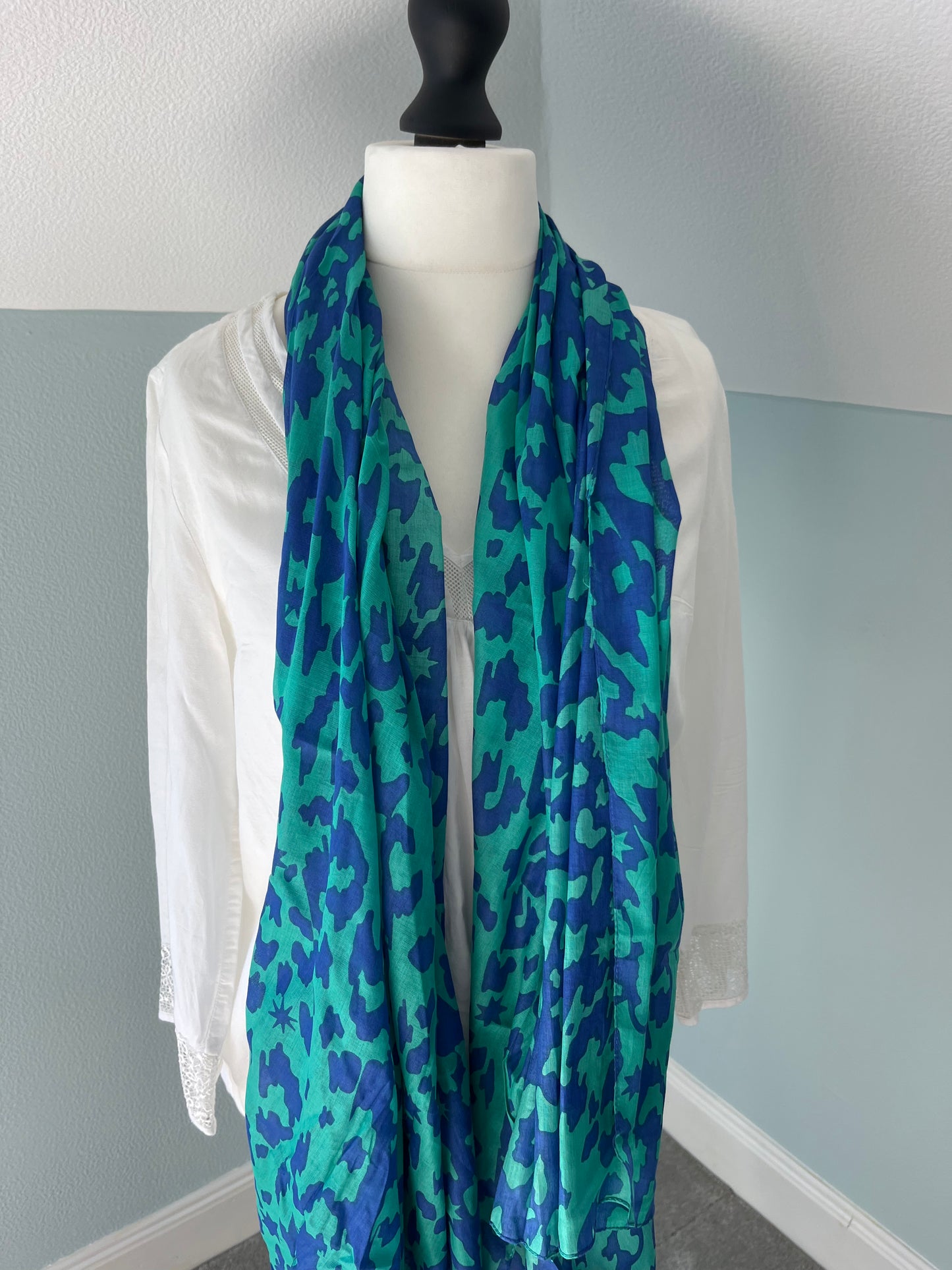 Lightweight cotton scarf/sarong - Blue and green animal  & star print