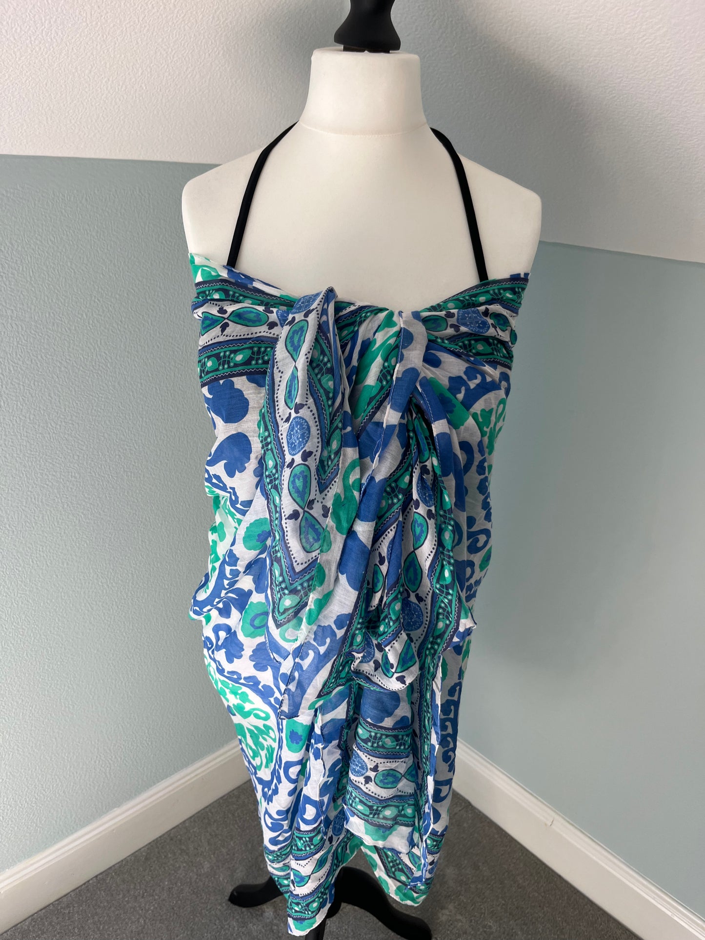 Lightweight cottonTile pattern  scarf/ sarong-green & blue